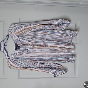 Karen Kane Crinkle Gauze Blouse Boho Chic Split-Neck Multi-Stripe Size Large EUC